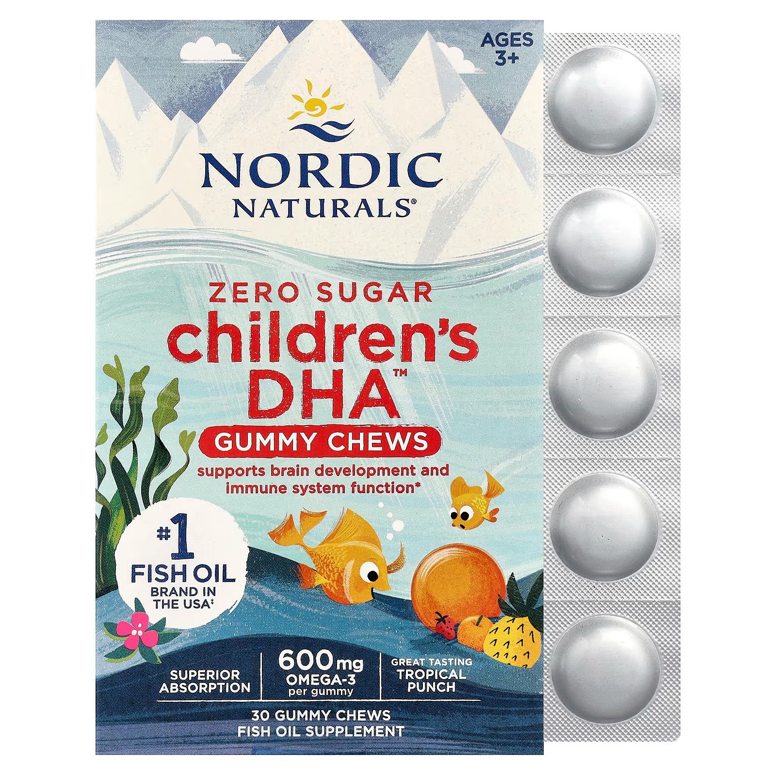 gomas mastigáveis dha para crianças, a partir de 3 anos de idade, ponche tropical, 30 gomas (355 mg por goma) nordic naturals
